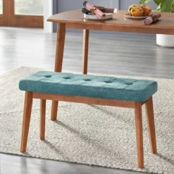Nettie Mid-Century Modern Upholstered Bench Walnut/Teal - Buylateral