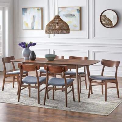 7pc Wave Rectangular Dining Set Walnut/Blue - Buylateral